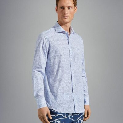 Clothing Paul&Shark  | Cotton Poplin Printed Shirt Geometric White Blue Light Blue